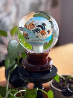 Vintage Reverse Hand Painted Glass Turning SphereOrb Playful Cats. Can light up!